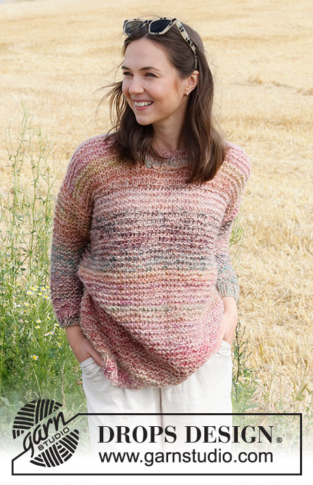 Painted Rose / DROPS 223-14 - Knitted sweater in DROPS Alpaca, DROPS Delight and DROPS Brushed Alpaca Silk.  The piece is worked with garter stitch and stripes. Sizes S - XXXL.