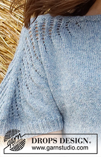 Sapphire Trails Top / DROPS 223-21 - Sweter na drutach, przerabiany od góry do dołu, ze ściegiem ażurowym i krótkimi rękawami, z włóczki DROPS Sky. Od S do XXXL.