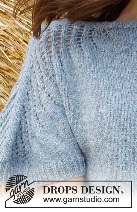 Sapphire Trails Top / DROPS 223-21 - Sweter na drutach, przerabiany od góry do dołu, ze ściegiem ażurowym i krótkimi rękawami, z włóczki DROPS Sky. Od S do XXXL.