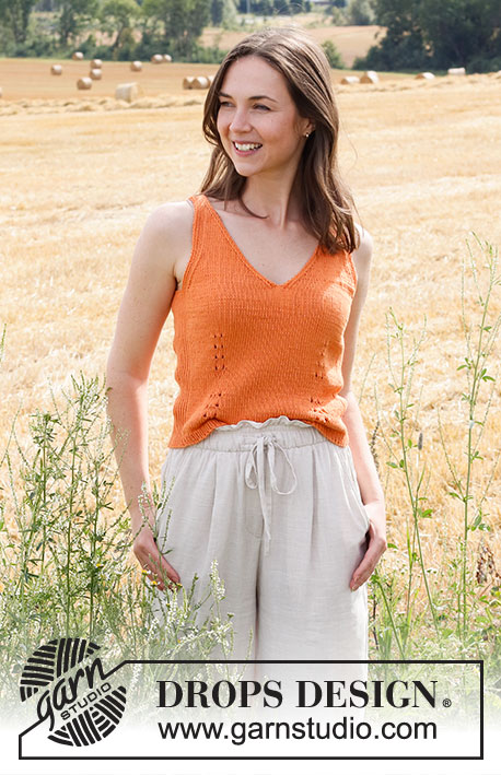 Citrus Sun / DROPS 223-30 - Knitted top in DROPS Safran. The piece is worked in stockinette stitch, with V-neck, ribbed edges and small lace sections. Sizes S - XXXL.