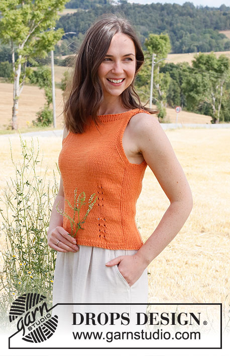 Orange Zest / DROPS 223-33 - Knitted top in DROPS Safran. The piece is worked in stockinette stitch with ribbed edges and small sections of lace pattern. Sizes S - XXXL.