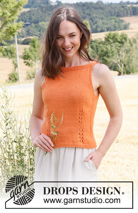 Orange Zest / DROPS 223-33 - Knitted top in DROPS Safran. The piece is worked in stockinette stitch with ribbed edges and small sections of lace pattern. Sizes S - XXXL.