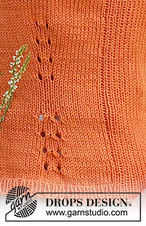 Orange Zest / DROPS 223-33 - Top tricoté en DROPS Safran, en jersey avec bordures en côtes et petites sections ajourées. Du S au XXXL.