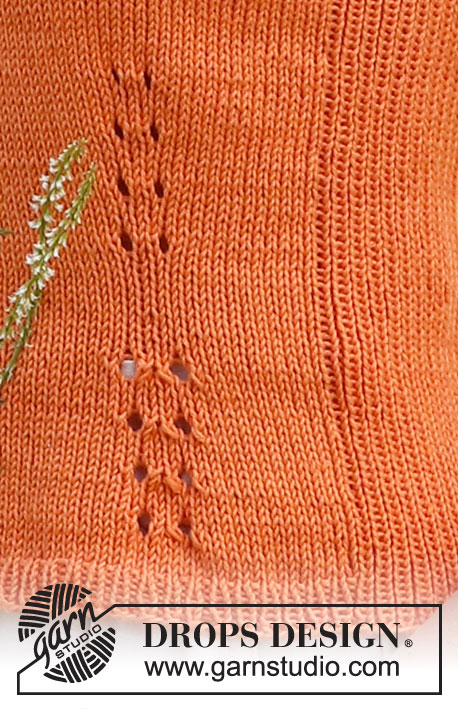 Orange Zest / DROPS 223-33 - Top a punto en DROPS Safran. La labor está realizada en punto jersey con los bordes en punto elástico y pequeñas secciones del patrón de calado.  Talla: S - XXXL