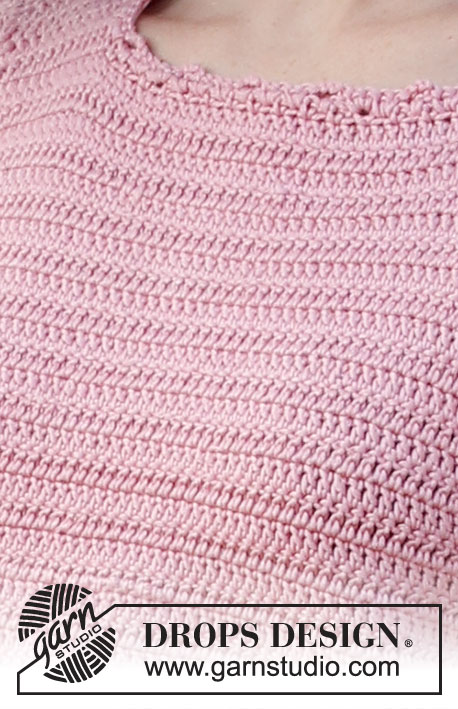 Pink Petunias / DROPS 223-35 - Crocheted top in DROPS Muskat. Piece is crocheted top down with vent mid back of neck and short pouffe sleeves. Size XS–XXL.