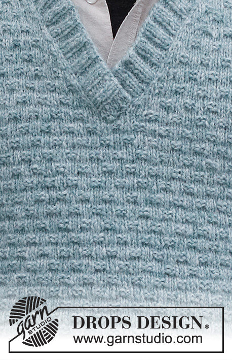 Blue River Slipover / DROPS 224-12 - Colete tricotado para homem em DROPS Air, em ponto texturado, com decote em V e orlas em canelado. Do S ao XXXL.