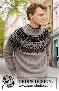 Nordic Nights / DROPS 224-14 - Knitted sweater for men in DROPS Alaska. The piece is worked top down, with double neck, round yoke and Nordic pattern on the yoke. Sizes S - XXXL.