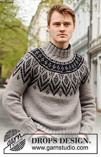 Nordic Nights / DROPS 224-14 - Knitted sweater for men in DROPS Alaska. The piece is worked top down, with double neck, round yoke and Nordic pattern on the yoke. Sizes S - XXXL.