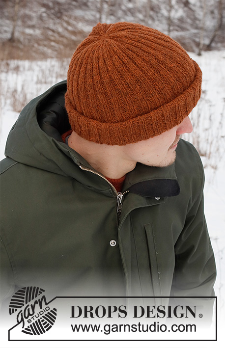 Pumpkin Patch Hat / DROPS 224-25 - Knitted hipster-hat for men with rib in DROPS Sky.