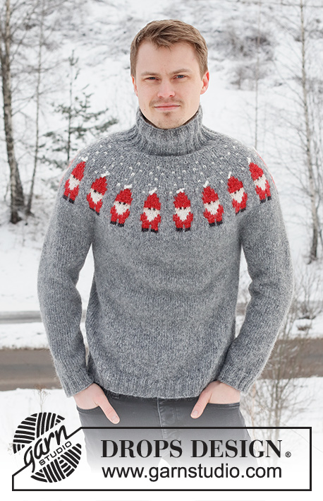 Merry Santas / DROPS 224-5 - Pánský pulovr s kruhovým sedlem a norským vzorem s vánočními skřítky pletený shora dolů z příze DROPS Air. Velikost S – XXXL. Motiv: Vánoce.