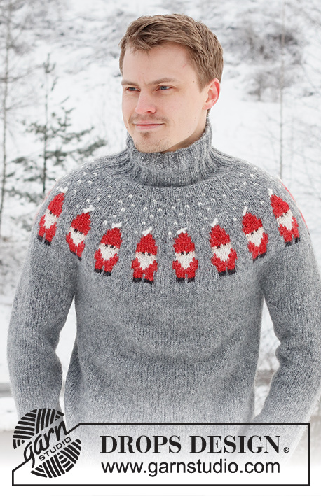 Merry Santas / DROPS 224-5 - Pánský pulovr s kruhovým sedlem a norským vzorem s vánočními skřítky pletený shora dolů z příze DROPS Air. Velikost S – XXXL. Motiv: Vánoce.