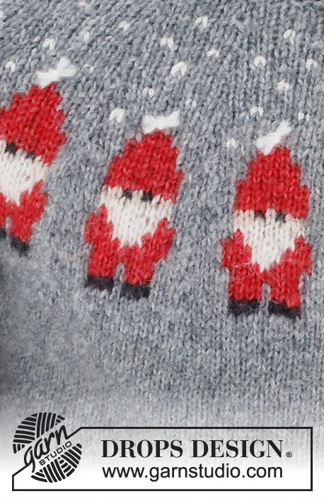 Merry Santas / DROPS 224-5 - DROPS Air lõngast ülevalt alla kootud päkapikkude mustriga ümara passega meeste džemper suurustele S kuni XXXL Teema: jõuludeks