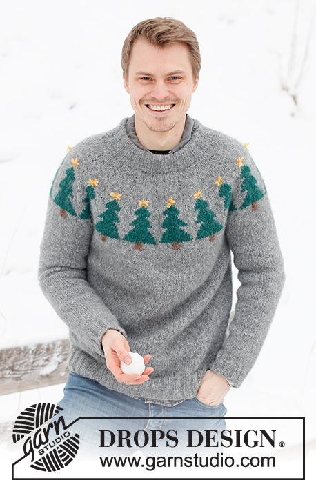 Merry Trees / DROPS 224-6 - Pánský pulovr s kruhovým sedlem a norským vzorem s vánočními stromečky pletený shora dolů z příze DROPS Air. Velikost S - XXXL. Motiv: Vánoce.