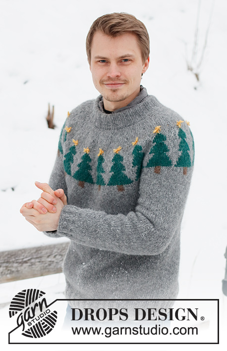 Merry Trees / DROPS 224-6 - Pánský pulovr s kruhovým sedlem a norským vzorem s vánočními stromečky pletený shora dolů z příze DROPS Air. Velikost S - XXXL. Motiv: Vánoce.