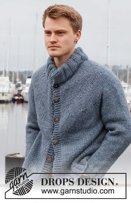 Sailor Blues / DROPS 224-8 - Knitted jacket for men in DROPS Wish. The piece is worked top down, with round yoke and double neck. Sizes S - XXXL.
