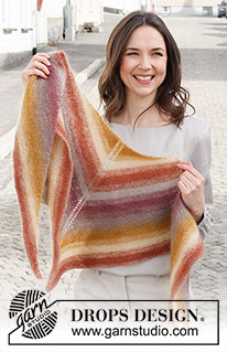 New Sunrise / DROPS 225-18 - Knitted shawl in 2 strands DROPS Kid-Silk. Piece is knitted top down and in garter stitch with stripes.