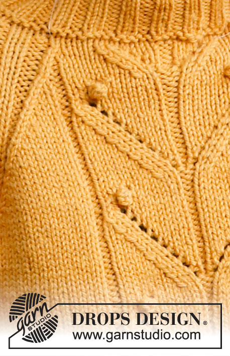 Golden Bud / DROPS 226-33 - Raglánový pulovr s ažurovým vzorem, nopky a postranními rozparky pletený zdola nahoru z příze DROPS Nepal. Velikost: S - XXXL