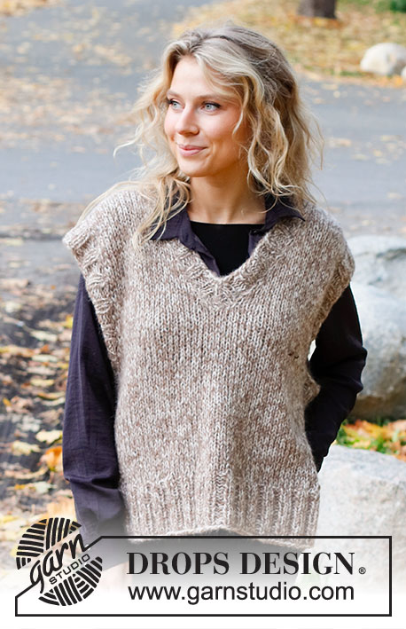 Cork Oak / DROPS 226-36 - Knitted vest / slipover in DROPS Air and DROPS Brushed Alpaca Silk or DROPS Wish. The piece is worked with V-neck and ribbed edges. Sizes S - XXXL.
