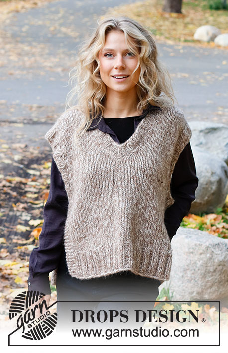 Cork Oak / DROPS 226-36 - Knitted vest in DROPS Air and DROPS Brushed Alpaca Silk or DROPS Wish. The piece is worked with V-neck and ribbed edges. Sizes S - XXXL.
