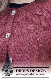 Blackforest Memories Cardigan / DROPS 226-4 - Rozpinany sweter na drutach, przerabiany od góry do dołu z zaokrąglonym karczkiem, raglanem i wzorem liści na karczku, przerabiany 2 nitkami włóczki DROPS Kid-Silk lub 1 nitką DROPS Brushed Alpaca Silk. Od S do XXXL