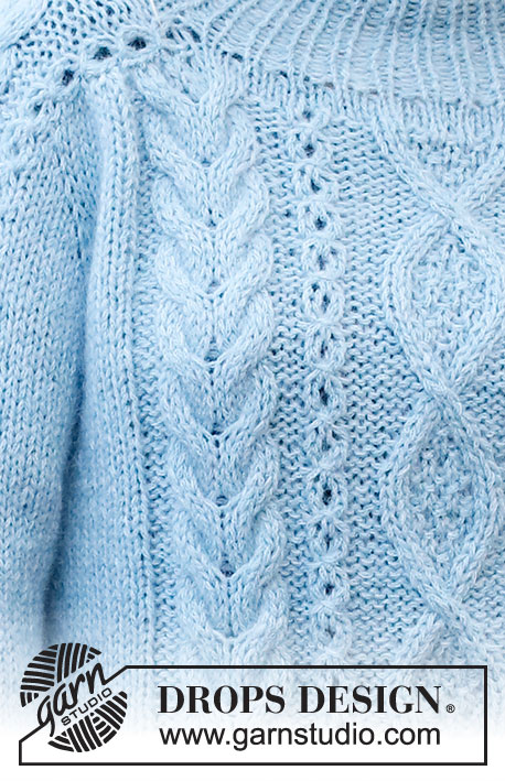 Sky Feather Sweater / DROPS 226-46 - Pulovr s copánky a sedlovými rameny pletený shora dolů z příze DROPS Sky a DROPS Kid-Silk. Velikost: S - XXXL