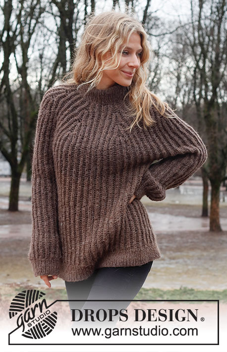 Chocolate Ridge / DROPS 226-5 - Knitted jumper in DROPS Air. Piece is knitted top down with round yoke, English rib and double neck edge. Size: S - XXXL