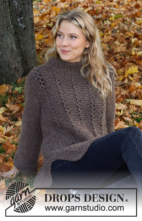 Lakeside Trails Sweater / DROPS 226-7 - Knitted sweater in 2 strands DROPS Air. The piece is worked with garter stitch, lace pattern and double neck. Sizes XS - XXL.