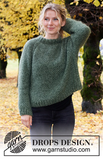 Hyde Park / DROPS 226-9 - Knitted jumper in 2 strands DROPS Kid-Silk. Piece is knitted top down with raglan, moss stitch and double neck edge. Size XS – XXL.