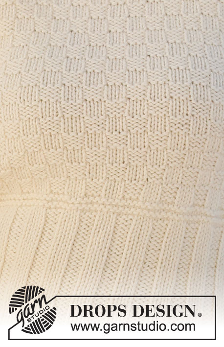 Vanilla District / DROPS 227-11 - Sweter na drutach z włóczki DROPS Alaska, z podwójnym wykończeniem dekoltu, ściągaczem i ściegiem strukturalnym. Od XS do XXXL.