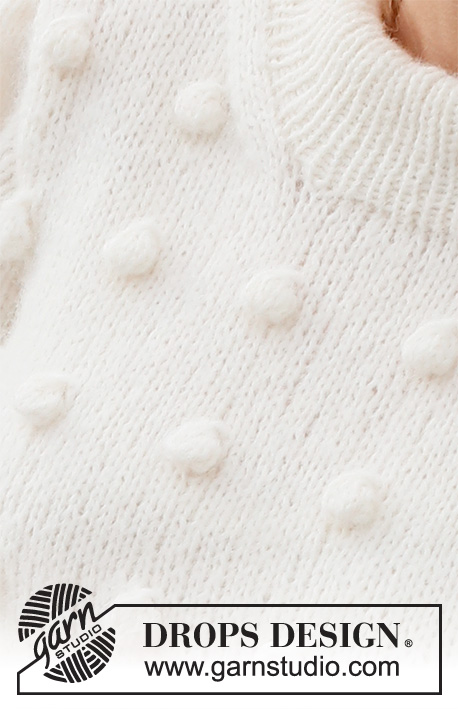 White Rabbit / DROPS 227-13 - Strikket genser i DROPS Air. Arbeidet strikkes med bobler, puffermer og dobbel halskant. Størrelse S - XXXL.