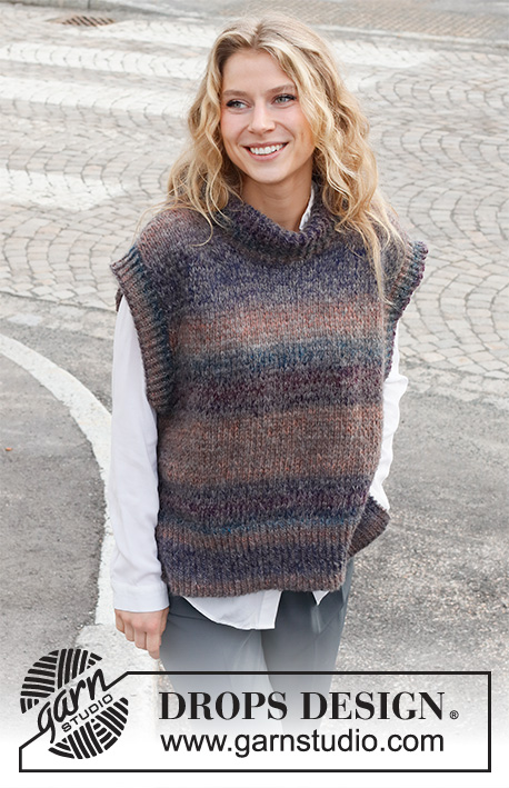 Autumn Dusk / DROPS 227-17 - Knitted vest in DROPS Delight and DROPS Brushed Alpaca Silk. The piece is worked with high neck, ribbed edges and split in the sides. Sizes S - XXXL.