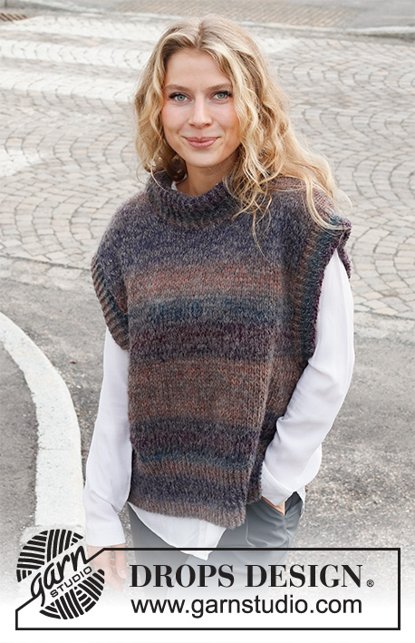 Autumn Dusk / DROPS 227-17 - Knitted vest in DROPS Delight and DROPS Brushed Alpaca Silk. The piece is worked with high neck, ribbed edges and split in the sides. Sizes S - XXXL.