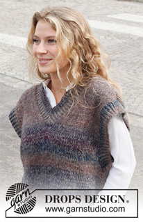 Sunset Poem / DROPS 227-18 - Knitted vest in DROPS Delight and DROPS Brushed Alpaca Silk. The piece is worked with V-neck, ribbed edges and split in the sides. Sizes S - XXXL.
