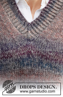 Sunset Poem / DROPS 227-18 - Knitted vest in DROPS Delight and DROPS Brushed Alpaca Silk. The piece is worked with V-neck, ribbed edges and split in the sides. Sizes S - XXXL.