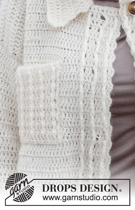 White Autumn / DROPS 227-19 - Casaco crochetado em DROPS Sky e DROPS Kid-Silk, com pontos em relevo, gola, bolsos e fendas nos lados. Do S ao XXXL