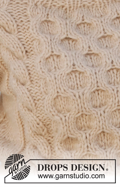 Winter Hive / DROPS 227-27 - Sweter na drutach z włóczki DROPS Wish, z warkoczami, ściegiem plaster miodu i wysokim wykończeniem dekoltu. Od S do XXXL.