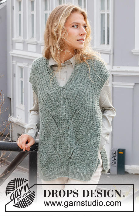 Ash Mint Slipover / DROPS 227-31 - Knitted vest in DROPS Sky and DROPS Kid-Silk. Piece is knitted with V-neck pattern, vents in the sides, textured pattern and displacements. Size XS – XXL.