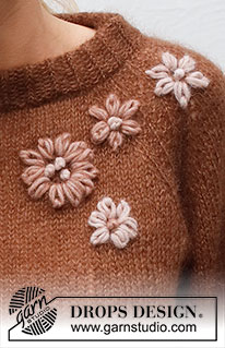 Fall Bouquet / DROPS 227-48 - Pulôver tricotado de cima para baixo com cavas raglan, flores bordadas com pontos nó, com 1 fio DROPS Brushed Alpaca Silk ou 2 fios DROPS Kid-Silk. Do S ao XXXL.