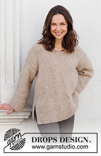 Sand Blizzard / DROPS 227-49 - Knitted jumper in DROPS Melody. Piece is knitted bottom up, with ribs and V-neck. Size: S - XXXL
