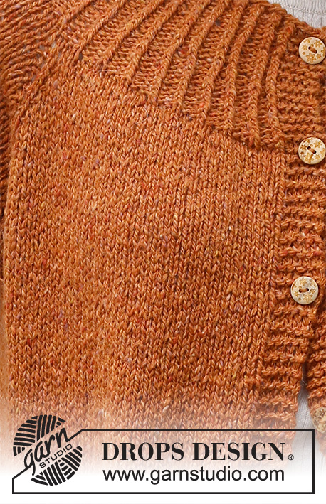 Warm Orange / DROPS 228-17 - Ylhäältä alas neulottu jakku DROPS Soft Tweed -langasta. Työssä on raglanlinjat, joustinneuleiset reunukset, sivuhalkiot ja taskut. Koot XS - XXL.