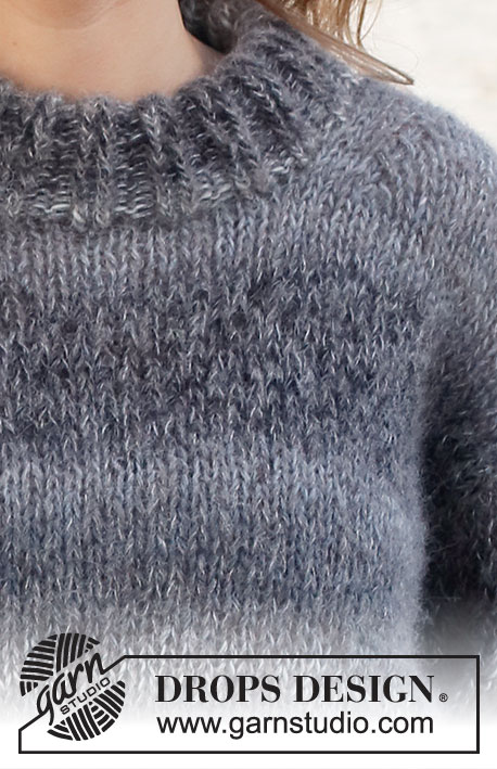 Night Mist / DROPS 228-22 - Pulôver tricotado em DROPS Delight e DROPS Brushed Alpaca Silk. Tricota-se com gola dobrada e fendas nos lados. Do S ao XXXL.