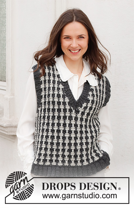 School Run / DROPS 228-35 - Knitted vest / slipover in DROPS Alaska. Piece is knitted with pepita pattern, V-neck and edges in rib. Size: S - XXXL