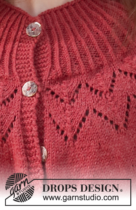 December Bloom Jacket / DROPS 228-45 - Casaco tricotado de cima para baixo, com encaixe arredondado, ponto rendado, orlas em canelado e fendas nos lados, em DROPS Lima ou DROPS Karisma. Do S ao XXXL.