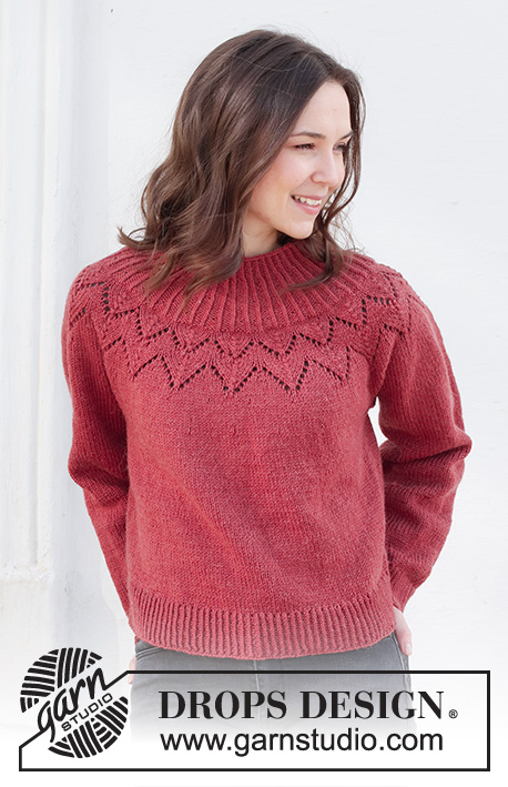 December Bloom / DROPS 228-46 - Knitted jumper in DROPS Lima or DROPS Karisma. The piece is worked top down, with round yoke, lace pattern, ribbed edges and split in the sides. Sizes S - XXXL.