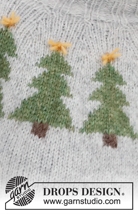 Merry Trees / DROPS 228-47 - Sweter / świąteczny sweter na drutach, przerabiany od góry do dołu, z zaokrąglonym karczkiem i żakardem w choinki, z włóczki DROPS Air. Od XS do XXL. Temat: Boże Narodzenie.