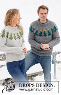 Merry Trees / DROPS 228-47 - Vánoční svetr / pulovr s kruhovým sedlem a norským vzorem s vánočními stromečky pletený shora dolů z příze DROPS Air. Velikost XS – XXL. Motiv: Vánoce.