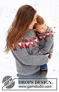 Merry Santas / DROPS 228-48 - Sweter na drutach przerabiany od góry do dołu, z zaokrąglonym karczkiem i żakardem w Mikołaje, z włóczki DROPS Air. Od XS do XXL. Temat: Boże Narodzenie.
