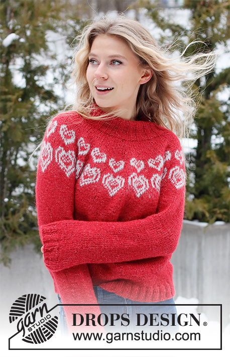 Merry Hearts / DROPS 228-50 - Vánoční svetr / pulovr s kruhovým sedlem a norským vzorem se srdíčky pletený shora dolů z příze DROPS Air. Velikost XS – XXL. Motiv: Vánoce.