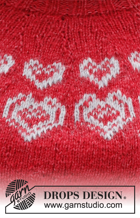 Merry Hearts / DROPS 228-50 - Vánoční svetr / pulovr s kruhovým sedlem a norským vzorem se srdíčky pletený shora dolů z příze DROPS Air. Velikost XS – XXL. Motiv: Vánoce.
