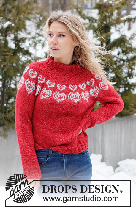 Merry Hearts / DROPS 228-50 - Knitted Christmas jumper in DROPS Air. Piece is knitted top down with round yoke and heart pattern. Size XS – XXL. Theme: Christmas.
